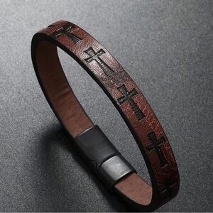 Really cool Leather Cross Bracelet with magnetic closure 8.6” black or brown